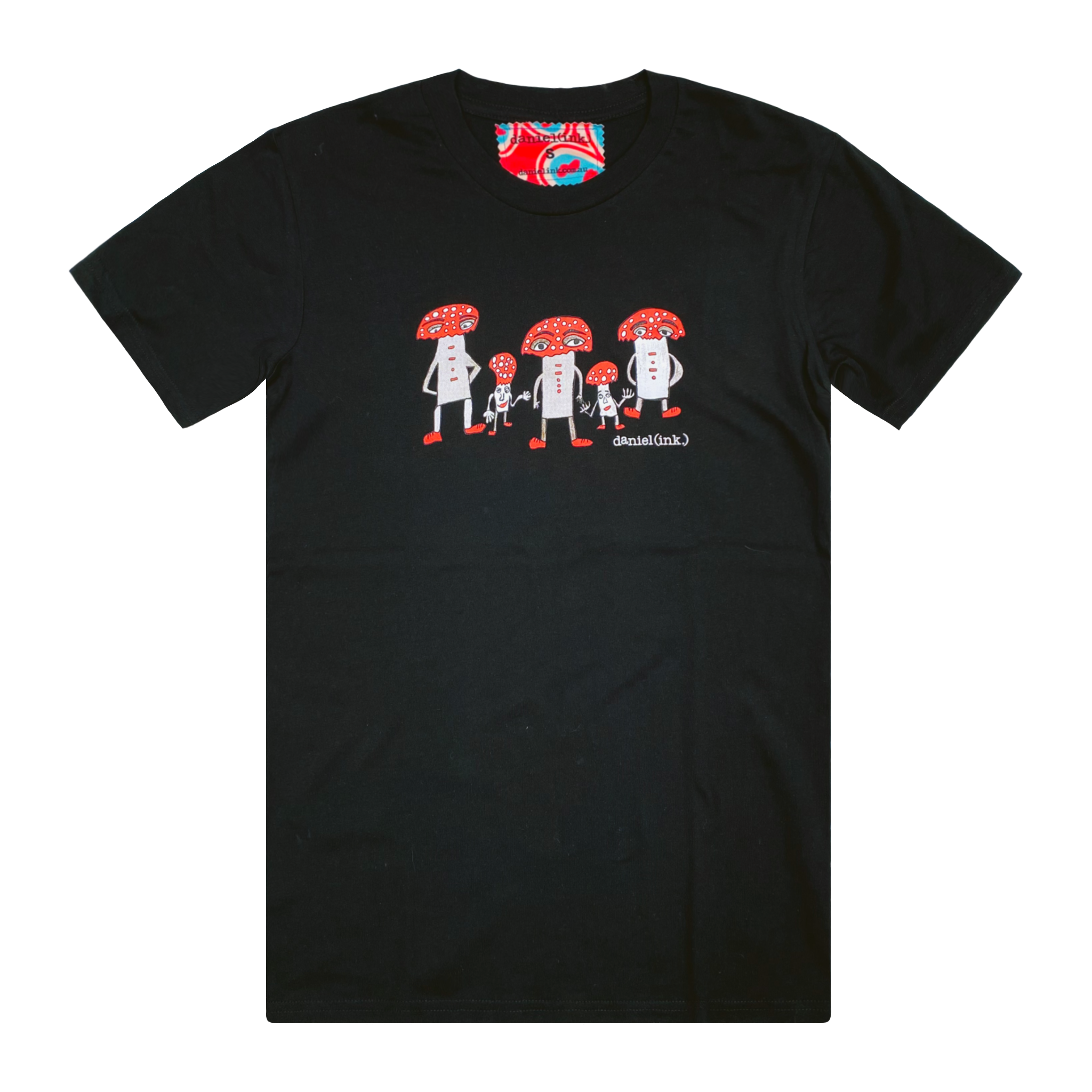 Men's black t-shirt featuring a hand drawn image of five humanoid mushroom figures, three large and two small, standing next to each other. Each mushroom figure has a red mushroom cap, red shoes, and red accents. The three large mushrooms also have red buttons on their chests which spell "magic" in Morse code. This t-shirt has a red, white, and blue fabric label on the back of the neck.