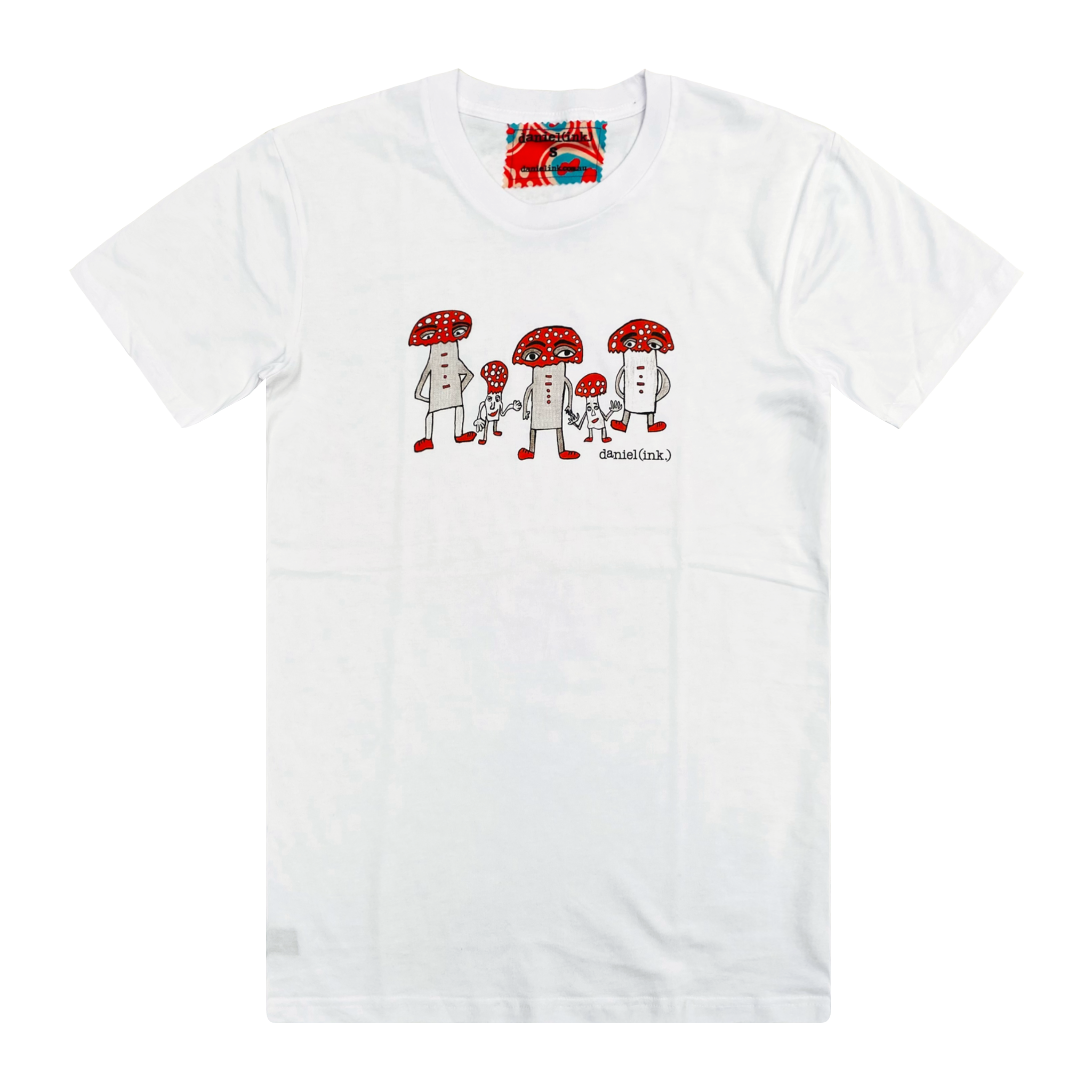 Men's white t-shirt featuring a hand drawn image of five humanoid mushroom figures, three large and two small, standing next to each other. Each mushroom figure has a red mushroom cap, red shoes, and red accents. The three large mushrooms also have red buttons on their chests which spell "magic" in Morse code. This t-shirt has a red, white, and blue fabric label on the back of the neck.