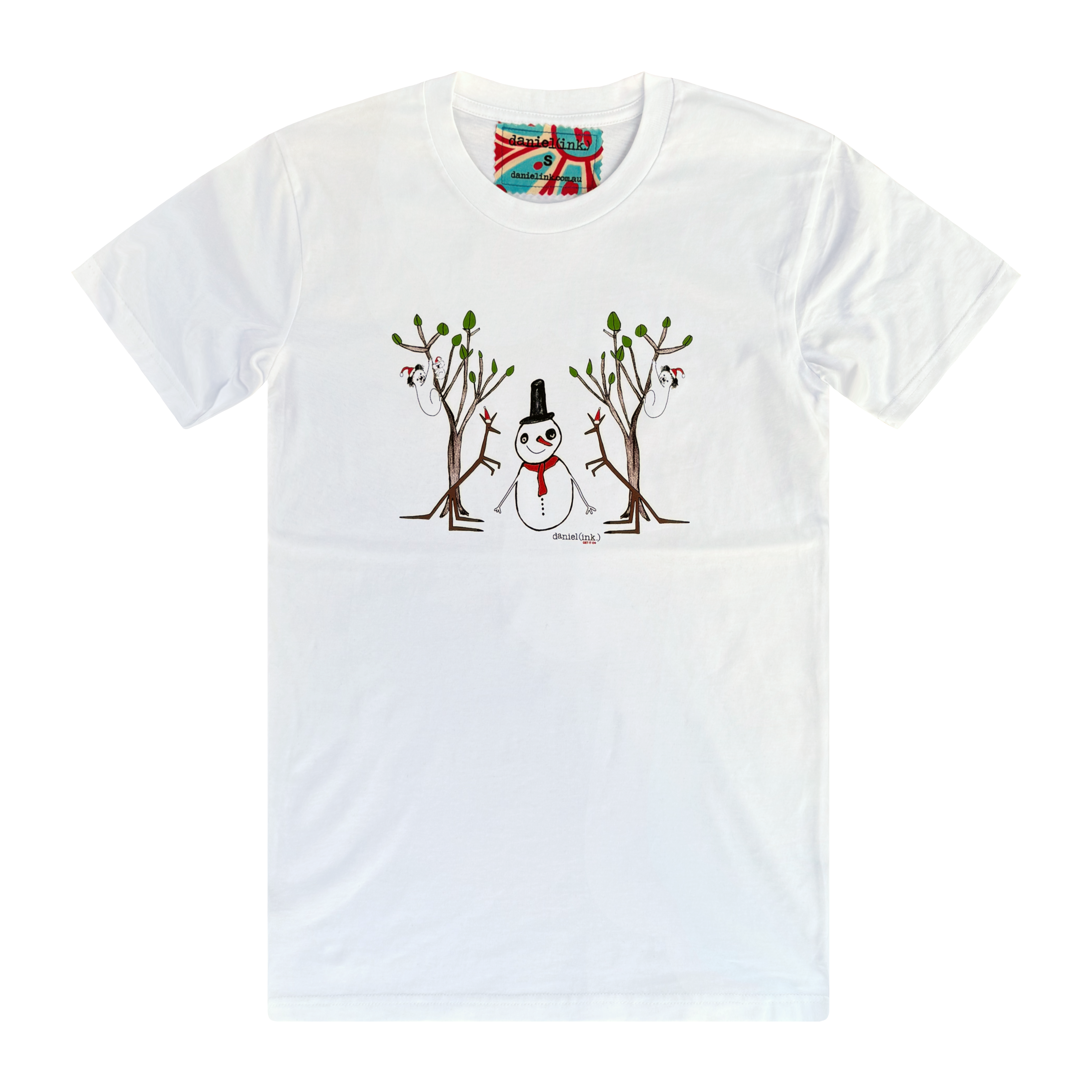 Men's white t-shirt featuring a hand drawn image of a snowman standing in between two kangaroos and in front of two large gum trees. The snowman is wearing an orange scarf and black top hat and the kangaroos are both wearing pointy Santa hats. The gum trees both have koalas wearing Santa hats in them. This t-shirt has a red, white, and blue fabric label on the back of the neck.