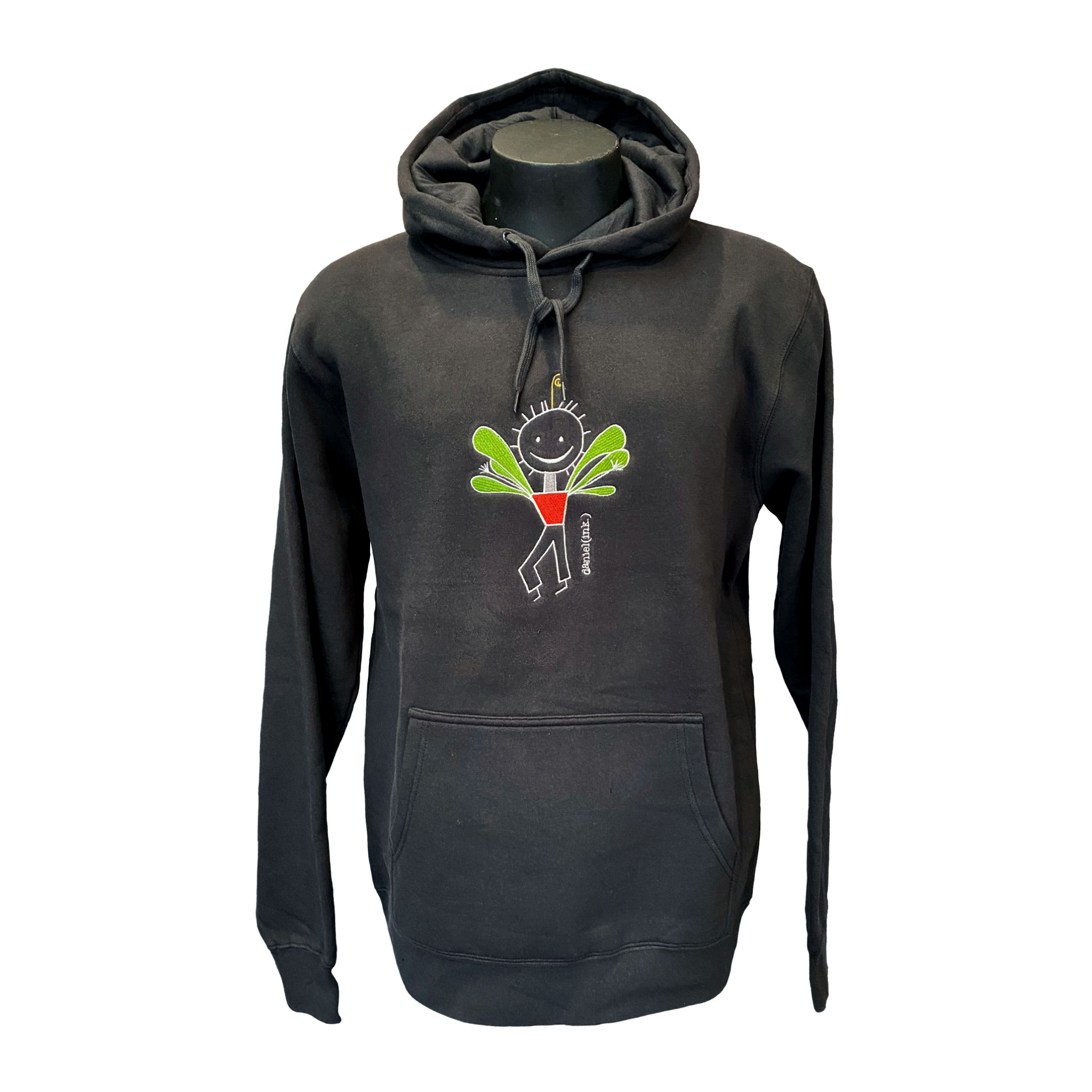 Unisex coal coloured hoodie featuring an embroidered image of a happy humanoid pot plant. The plant person is smiling and has a red plant-pot-shaped torso with long legs and green leaves sprouting from the torso. The name daniel(ink.) is embroidered in silver thread to the right of the plant person.