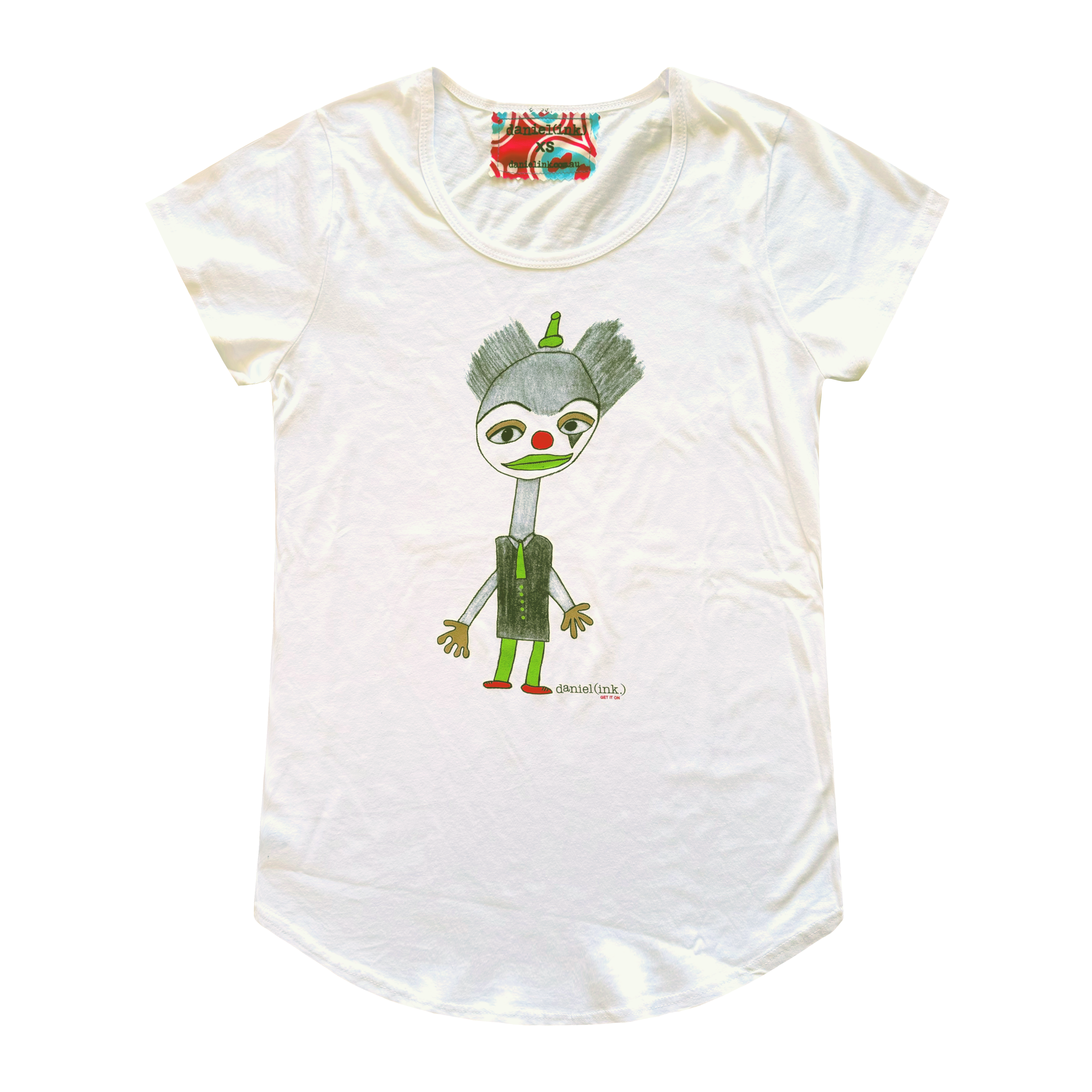 Women's white t-shirt featuring a hand drawn image of a colourful clown. The clown has a red nose and shoes; a green hat, lips, tie, buttons, and legs; and gold eye shadow and gloves. This t-shirt has a red, white, and blue fabric label on the back of the neck.