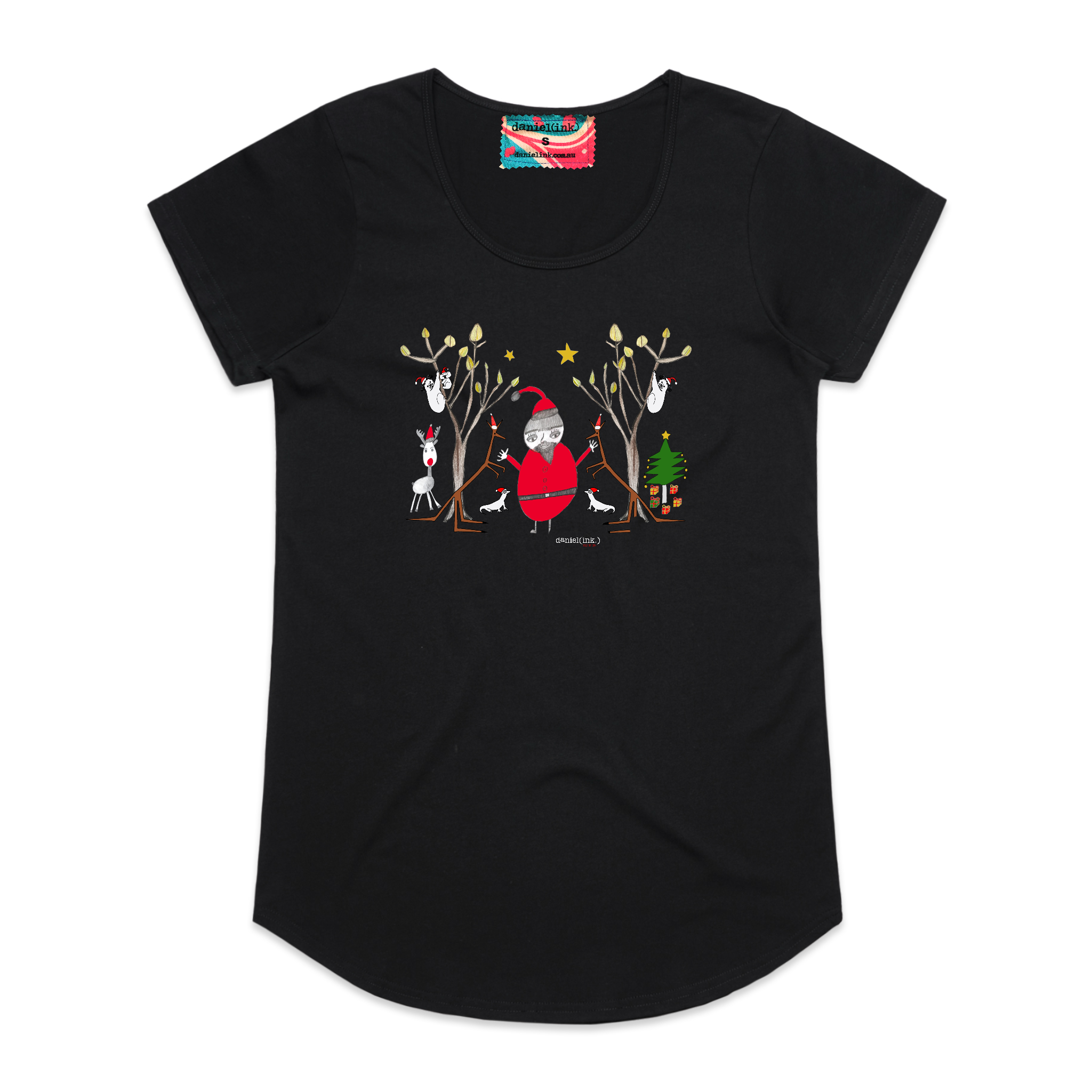 Women's black t-shirt featuring a hand drawn image of Santa Claus standing in between two kangaroos and in front of two large gum trees. The kangaroos are accompanied by two small lizards, one of Santa's reindeer, and a Christmas tree surrounded by presents. The gum trees both have koalas in them. This t-shirt has a red, white, and blue fabric label on the back of the neck.