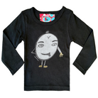 Black long sleeve baby shirt featuring a hand-drawn picture of a humanoid egg man. The egg man is wearing a black bowler hat, gold gloves, and gold shoes, and is sticking his tongue out. There is a red, white, and blue fabric label on the back of the neck. 