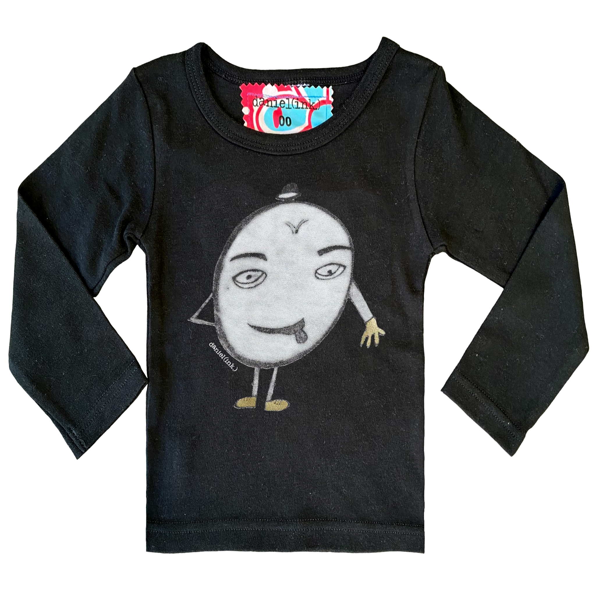 Black long sleeve baby shirt featuring a hand-drawn picture of a humanoid egg man. The egg man is wearing a black bowler hat, gold gloves, and gold shoes, and is sticking his tongue out. There is a red, white, and blue fabric label on the back of the neck. 