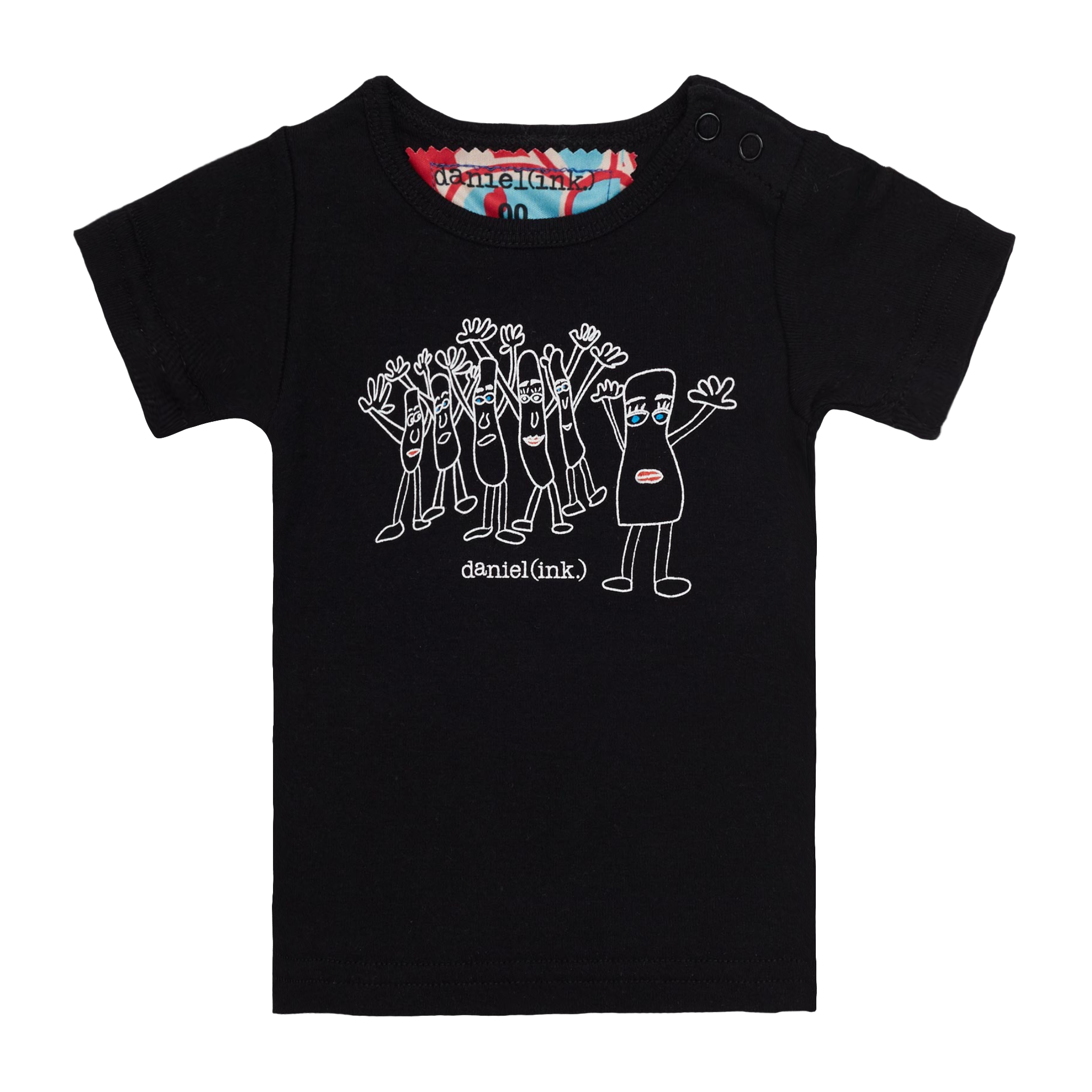 Black, short sleeve babies' T-shirt featuring an image of six humanoid sausage people standing next to each other. The sausage people have their arms in the air, waving happily. This t-shirt has a red, white, and blue fabric label on the back of the neck and two black press studs on the left shoulder. 