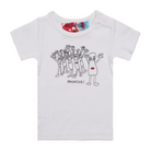 White, short sleeve babies' t-shirt featuring an image of six humanoid sausage people standing next to each other. The sausage people have their arms in the air, waving happily. This t-shirt has a red, white, and blue fabric label on the back of the neck and two white press studs on the left shoulder. 