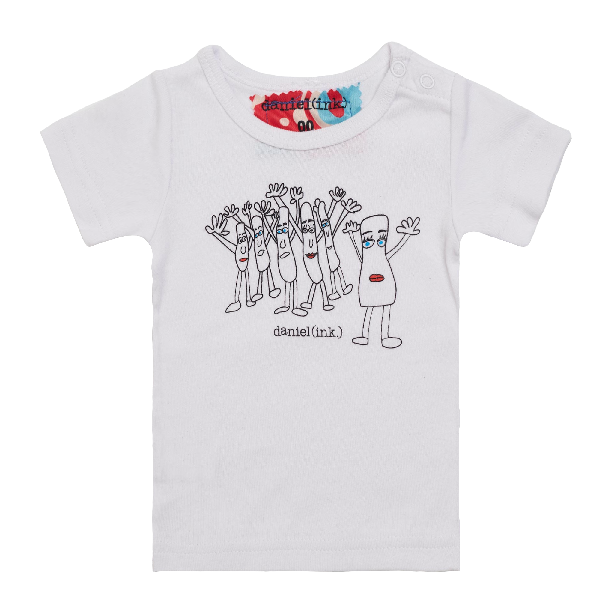 White, short sleeve babies' t-shirt featuring an image of six humanoid sausage people standing next to each other. The sausage people have their arms in the air, waving happily. This t-shirt has a red, white, and blue fabric label on the back of the neck and two white press studs on the left shoulder. 