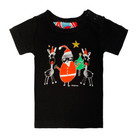 Black, short sleeve babies' t-shirt featuring a hand drawn sketch of Santa Claus standing with two reindeer in front of a Christmas tree. Santa Claus is wearing his signature red outfit and the two reindeer either side of him are in red pointy Santa hats. This t-shirt has a red, white, and blue fabric label on the back of the neck and has two black press studs on the left shoulder. 