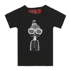 Black, short sleeve babies' t-shirt featuring a hand drawn sketch of a person in white and black. The person is wearing a small top hat and big sunglasses. This t-shirt has a red fabric label on the back of the neck and has two black press studs on the left shoulder. 