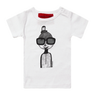 White, short sleeve babies' t-shirt featuring a hand drawn sketch of a person in black and white. The person is wearing a small top hat and big sunglasses. This t-shirt has a red fabric label on the back of the neck and has two white press studs on the left shoulder. 