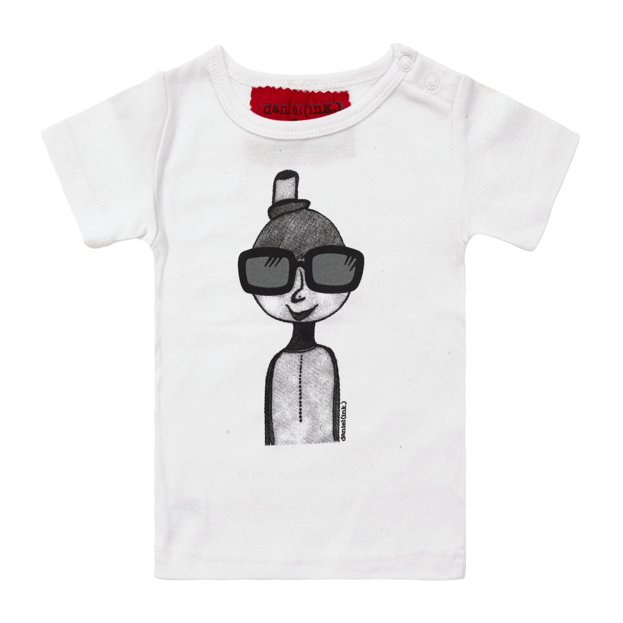 White, short sleeve babies' t-shirt featuring a hand drawn sketch of a person in black and white. The person is wearing a small top hat and big sunglasses. This t-shirt has a red fabric label on the back of the neck and has two white press studs on the left shoulder. 