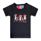 Black short sleeve babies' t-shirt featuring a hand drawn image of three large and two small mushroom humanoid figures. The mushroom figures have red heads and red shoes and red buttons which spell "magic" in morse code. The t-shirt has a red, white, and blue fabric label on the back of the neck and has two black press studs on the left shoulder. 