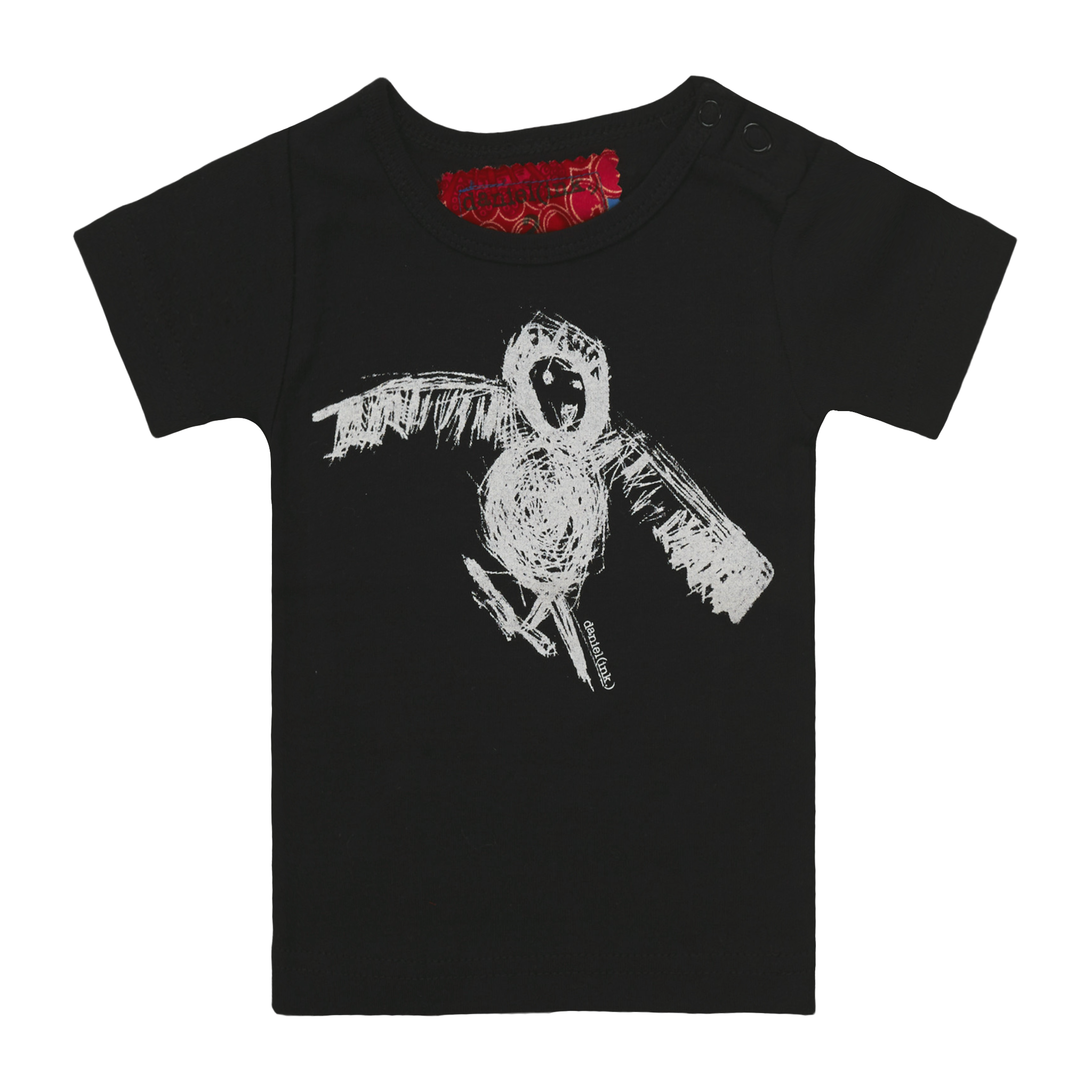 Black short sleeve babies' t-shirt featuring a hand drawn sketch of an owl in white. The t-shirt has a red fabric label on the back of the neck and has two black press studs on the left shoulder. 