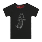 Black short sleeve babies' t-shirt featuring a hand drawn sketch of a cat in white. The t-shirt has a red fabric label on the back of the neck and has two black press studs on the left shoulder. 