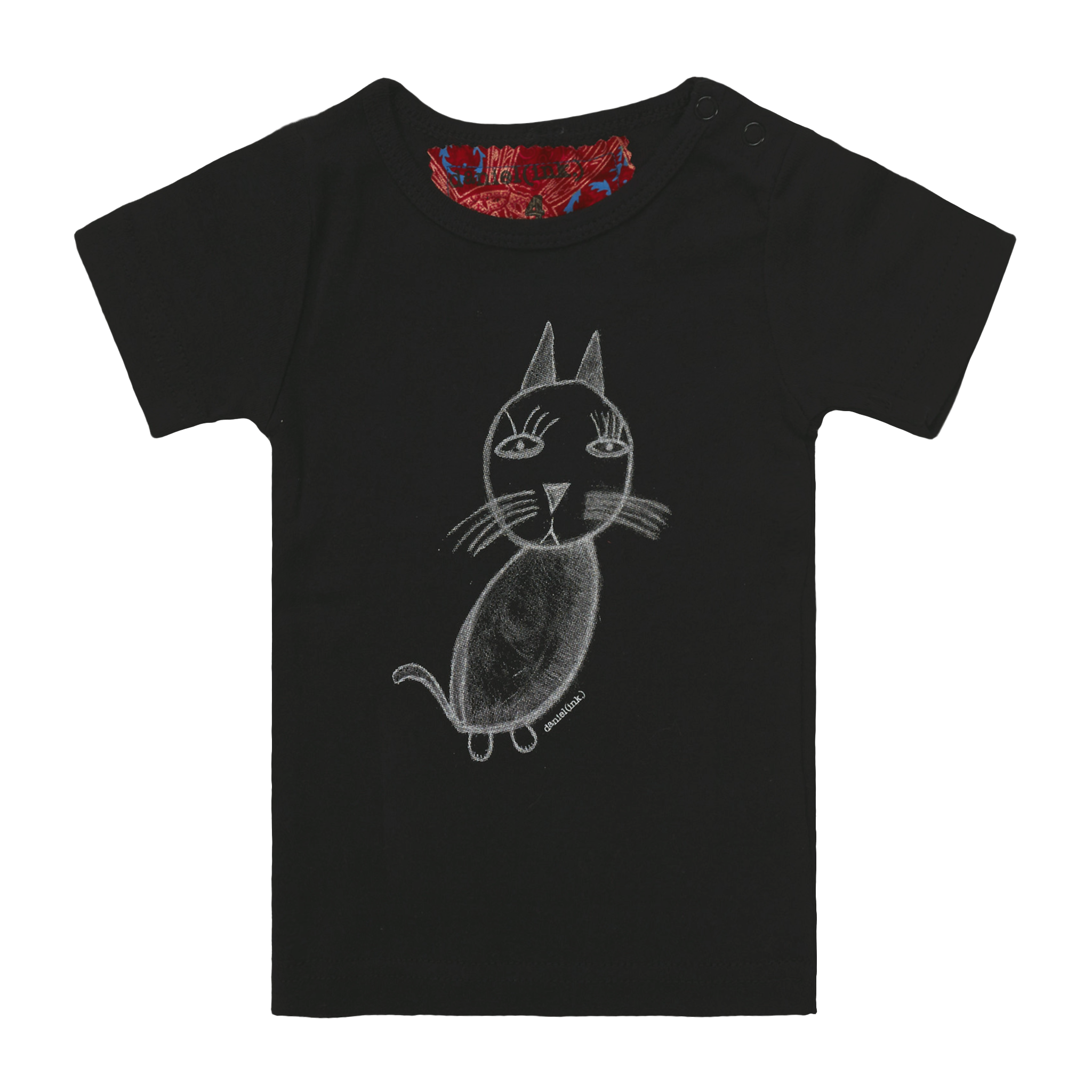 Black short sleeve babies' t-shirt featuring a hand drawn sketch of a cat in white. The t-shirt has a red fabric label on the back of the neck and has two black press studs on the left shoulder. 