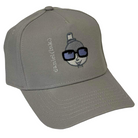 Storm snapback cap featuring an embroidered image of a person's head in silver. The person is wearing a small top hat and big sunglasses with black frames and blue lenses. The name daniel(ink.) is embroidered in silver thread next to the person's head.  