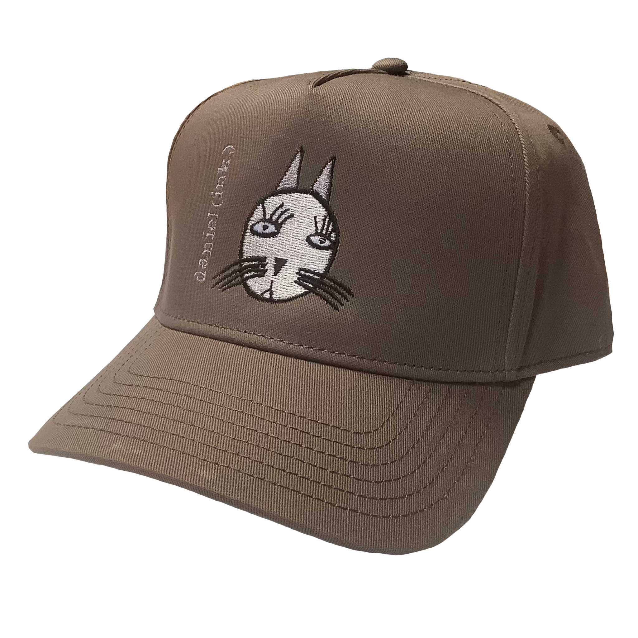 Walnut snapback cap featuring an embroidered image of a cat's head in silver. The cat has long pointy ears, long eyelashes, and long whiskers coloured black. The name daniel(ink.) is embroidered in silver thread next to the cat's head. 