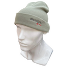 Cuff beanie in a pistachio colour with the daniel(ink.) logo embroidered on the cuff in dark silver and red. 