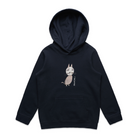 Navy kids' hoodie featuring an embroidered image of a cat in silver. The hoodie features a pullover hood, inset sleeves, and a kangaroo pocket. The name daniel(ink.) is embroidered in silver thread next to the cat. 