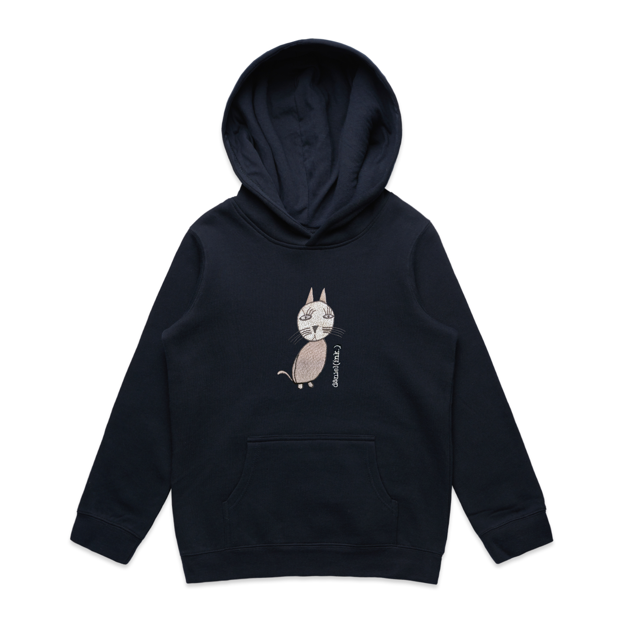 Navy kids' hoodie featuring an embroidered image of a cat in silver. The hoodie features a pullover hood, inset sleeves, and a kangaroo pocket. The name daniel(ink.) is embroidered in silver thread next to the cat. 