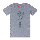 Men's grey t-shirt featuring a hand drawn sketch of a happy man holding a sad mask in white. The man has a top hat, blue eyes, and red shoes. This t-shirt has a red, white, and blue fabric label on the back of the neck. 