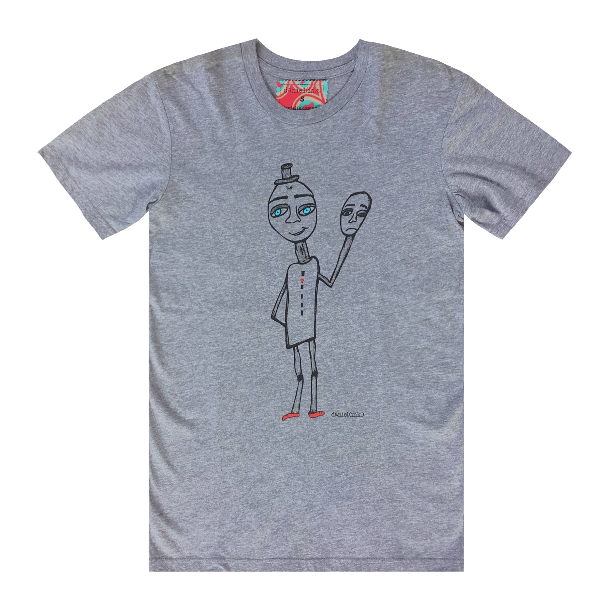 Men's grey t-shirt featuring a hand drawn sketch of a happy man holding a sad mask in white. The man has a top hat, blue eyes, and red shoes. This t-shirt has a red, white, and blue fabric label on the back of the neck. 
