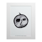 Original print of Design #11 Apple Face. Apple Face is a hand drawn charcoal sketch of an apple with a face in black and white. The design is printed on white backing board and displayed in a white frame. 