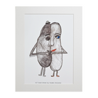 Original print of Design #17 One Love. One Love features a hand drawn sketch of two oval-shaped humanoid figures merged side by side and holding hands. The humanoid figure on the left is wearing a bowler hat and the humanoid figure on the right has red lips. The design is printed on white backing board and displayed in a white frame. 