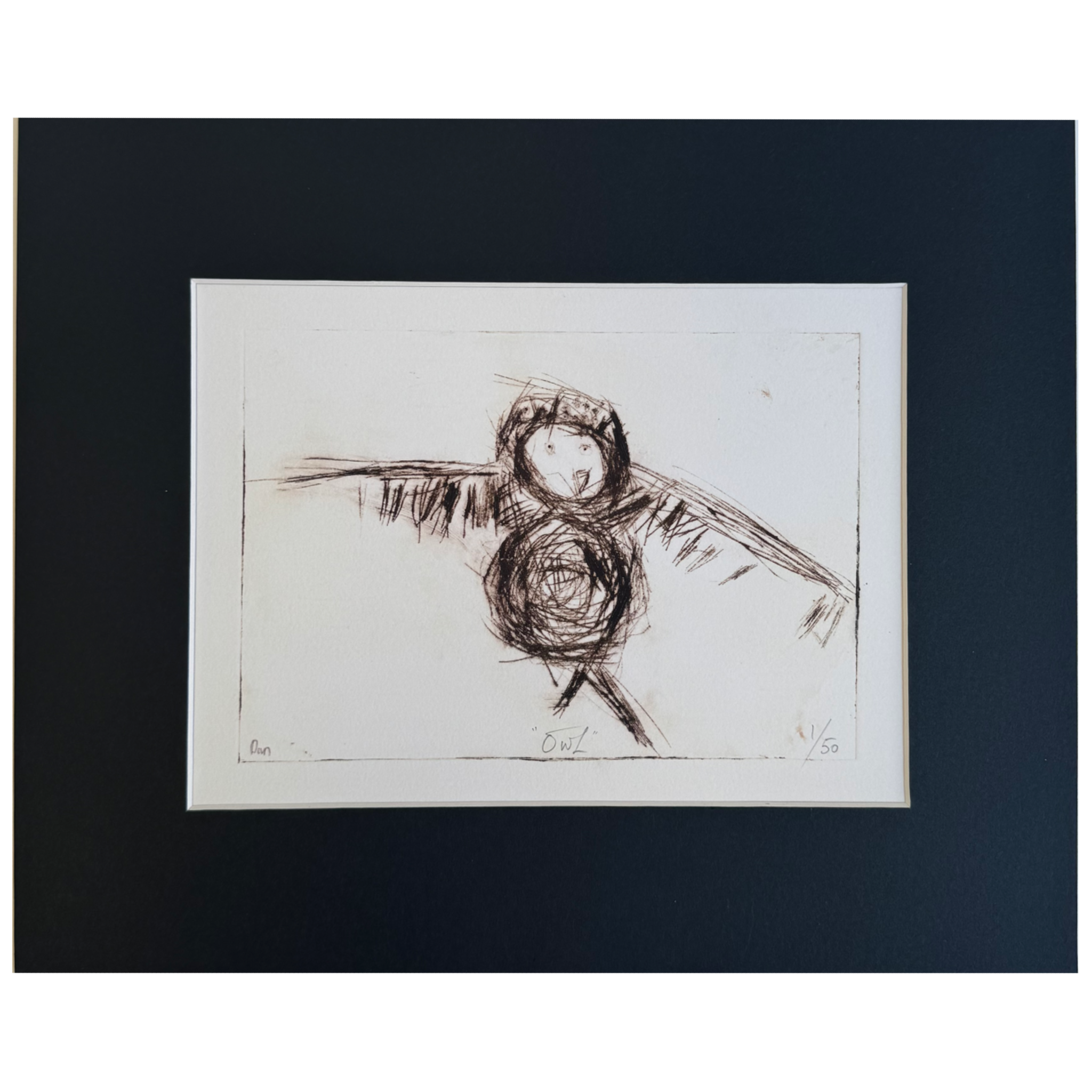 Black pencil sketch of an owl on white backing board with a black frame. 