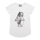 White short sleeve women's t-shirt featuring a hand drawn sketch of two oval-shaped humanoid figures merged side by side and holding hands. The humanoid figure on the left is wearing a bowler hat and the humanoid figure on the right has red lips. The t-shirt has a blue, white, and red fabric label on the back of the neck.