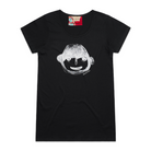Black short sleeve women's t-shirt featuring a hand drawn sketch of a person's face in white. The t-shirt has a blue, white, and red fabric label on the back of the neck.