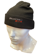 Cuff beanie in black with the daniel(ink.) logo embroidered on the cuff in dark silver and red. 